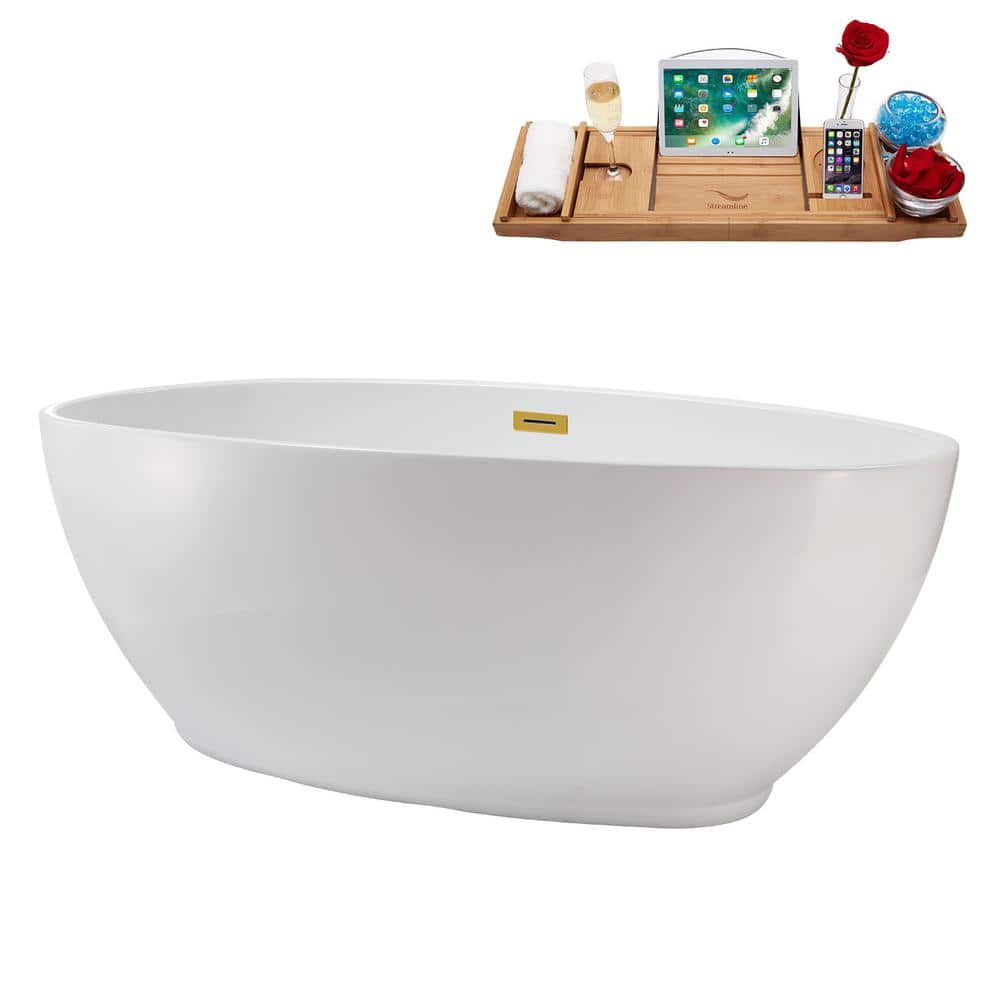 67" Glossy White Acrylic Freestanding Soaking Bathtub with Polished Gold Trim