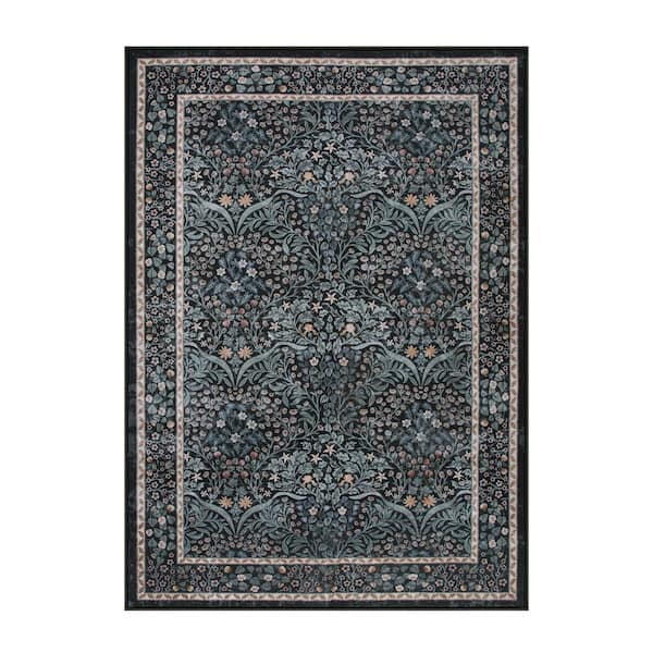 Boho Floral Botanical Washable Non Slip Black 5 ft. x 7 ft. Entryway Kitchen Runner Area Rug
