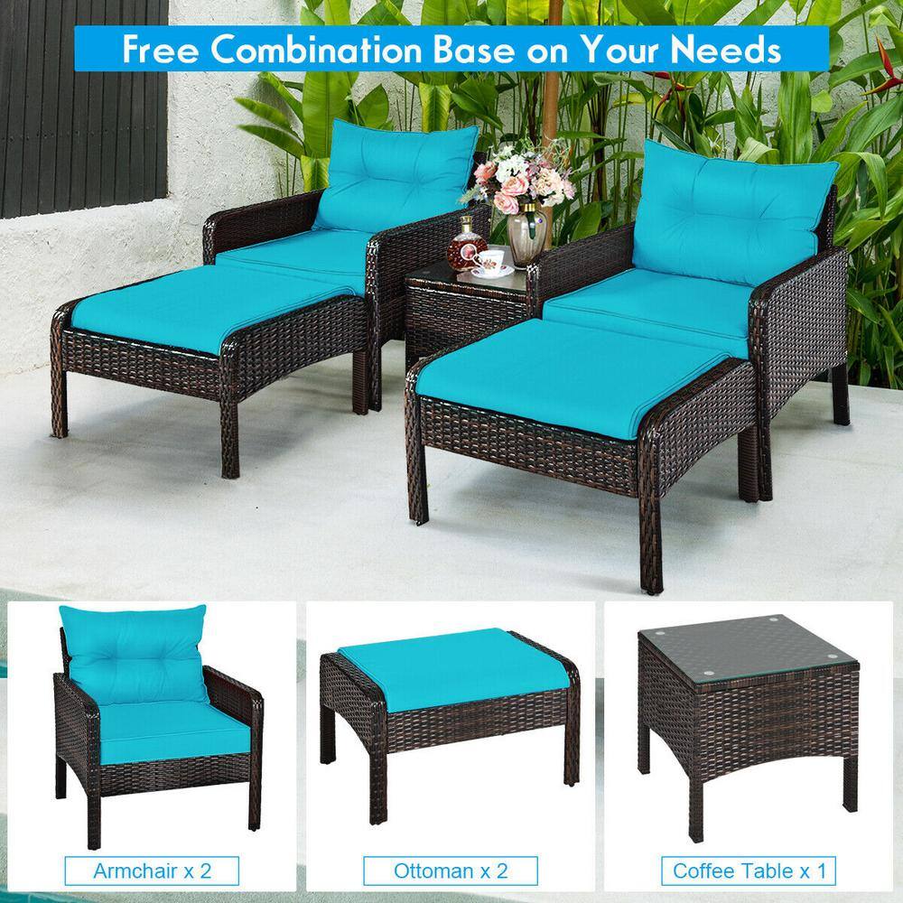 Turquoise 5-Piece Outdoor Rattan Conversation Set with Cushions