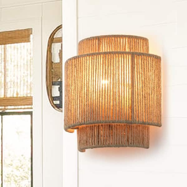 Bohemian 9 in. 1-Light Brass Bathroom Vanity Light Wall Sconce with Hemp Rope Shade for Living Room