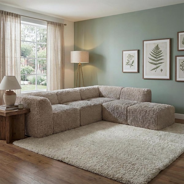 Getty 107 in. Track Arm 5-Piece Faux Fur Fabric L-Shaped Modular Compressed Sectional Sofa with Ottoman in. Taupe