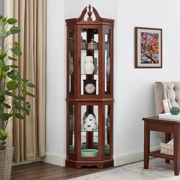 Walnut 70.5 in. H Lighted 3 Side Glass Display Curio Cabinet with Tempered Glass Doors Corner Storage Decoration Rack