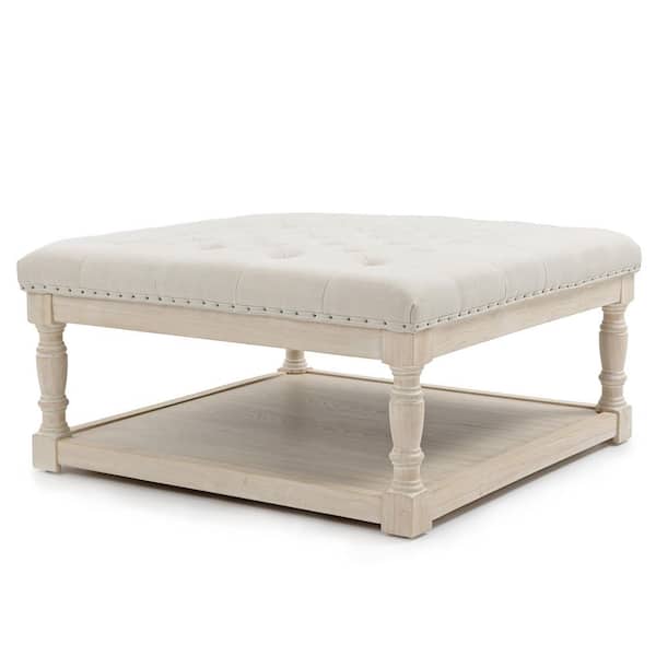 Cairona Bleached White Tufted Textile 34 in. Shelved Ottoman Table