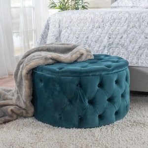 Teal Button Tufted Velvet Round Accent 29.5 in. Ottoman, No Assembly Required