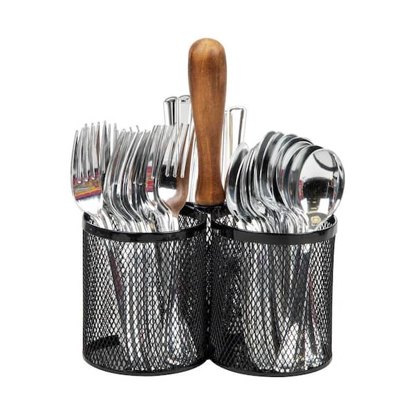 Black Metal Utensil Holder Silverware Organizer Caddy with Handle, 7.5 in. L x 7.5 in. W x 9.75 in. H, Black