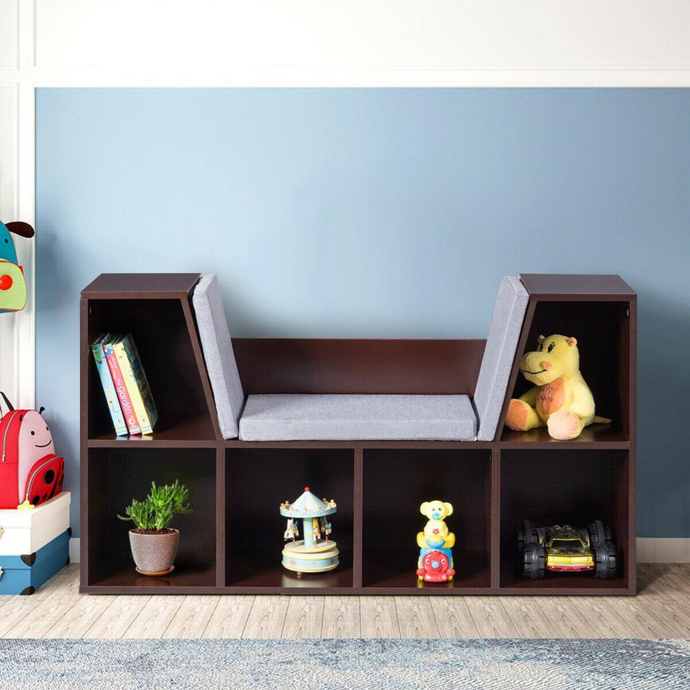 Brown 6-Cubby Kid Storage Bookcase with Cushioned Reading Nook