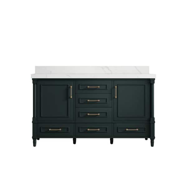 Willow Collections Hudson 60 in. W x 22 in. D x 36 in. H Single Sink Bath Vanity in Dark Green with 2 in. Calacatta Quartz Top