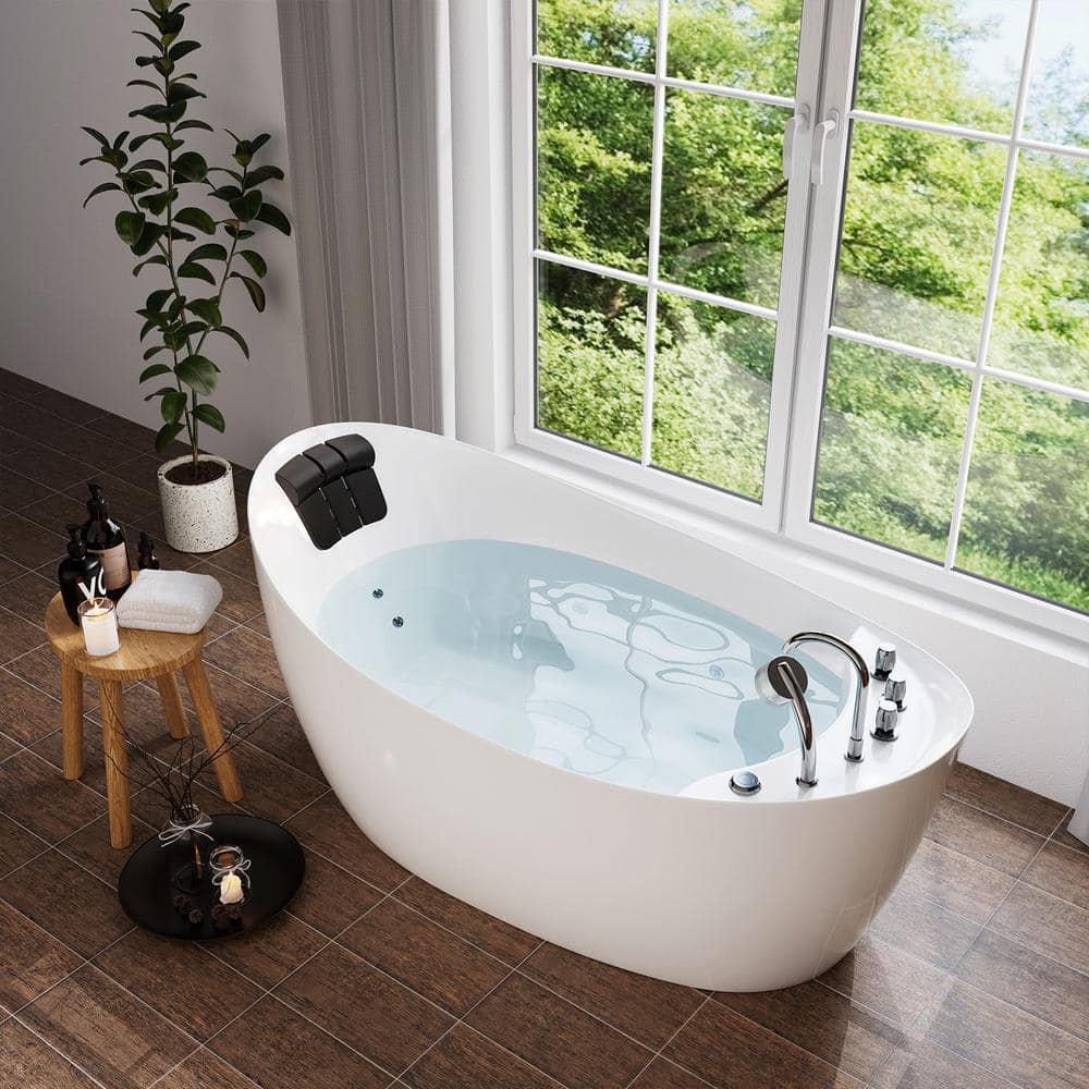67'' White Acrylic Freestanding Whirlpool Bathtub with Faucet
