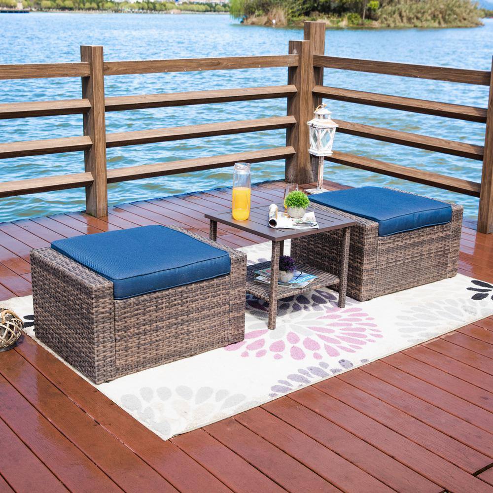 3-Piece Wicker Outdoor Ottoman with Blue Cushions (2-Pack)