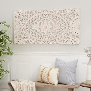 24 in. x  48 in. Wood White Handmade Intricately Carved Floral Wall Decor with Copper Accents