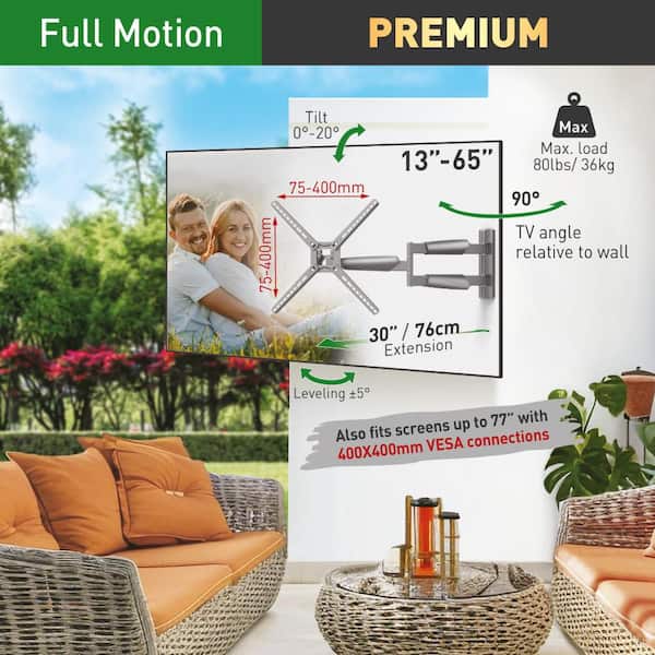 Barkan 30 in. Long Gazebo Outdoor TV Wall Mount 13-65 in. Full Motion Articulating-4 Movement Flat/Curved Screen Bracket