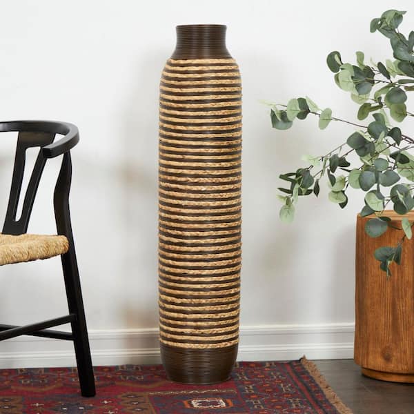 Litton Lane 40 in. Brown Handmade Slim Woven Tall Floor Seagrass Decorative Vase with Dark Brown Striped Accents