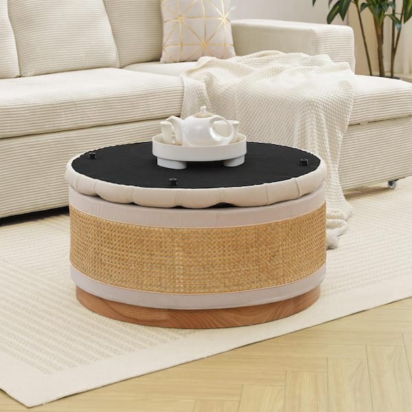 ted stole / beige ヘヨン　HEYON JEAREY Beige Linen Tufted Rattan Round Storage Ottoman for