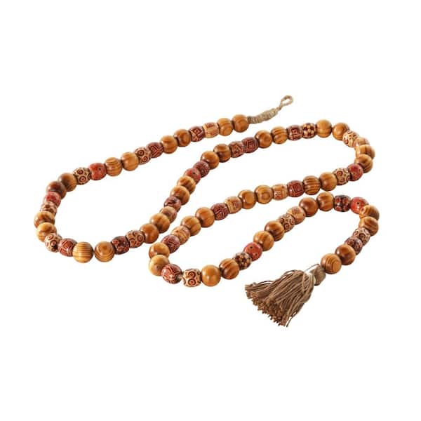 Litton Lane 62 in. Brown Handmade Wood Long Beaded Garland with Tassel with Bohemian Patterns