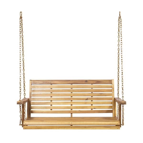 Outdoor Patio Acaica Wood Porch Swing, Heavy Duty 800 lbs. Swing Chair Bench W/Hanging Chains for Courtyard, Garden