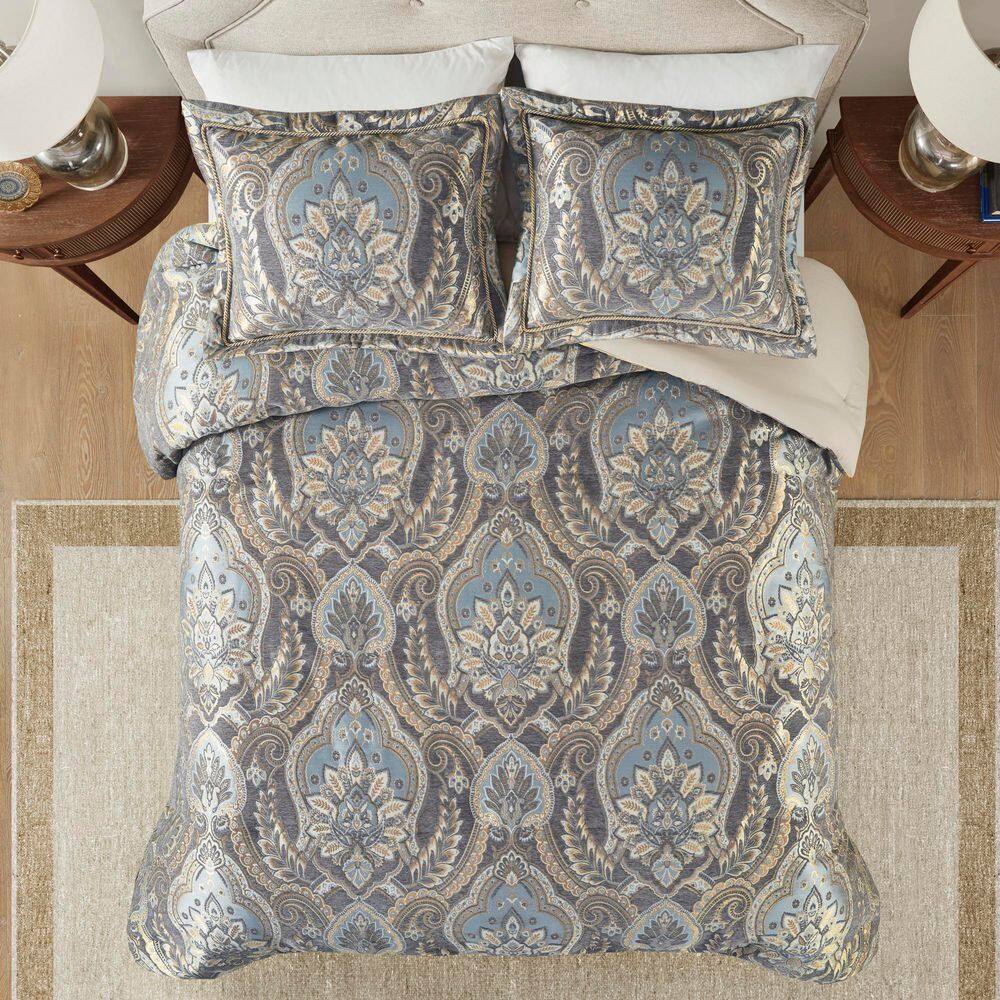 Julius Queen Taupe and Blue Microfiber Comforter Set