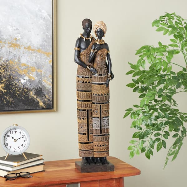 Litton Lane Black 9 in. x 31 in. Resin Tall African Family Sculpture with Gold Jewels