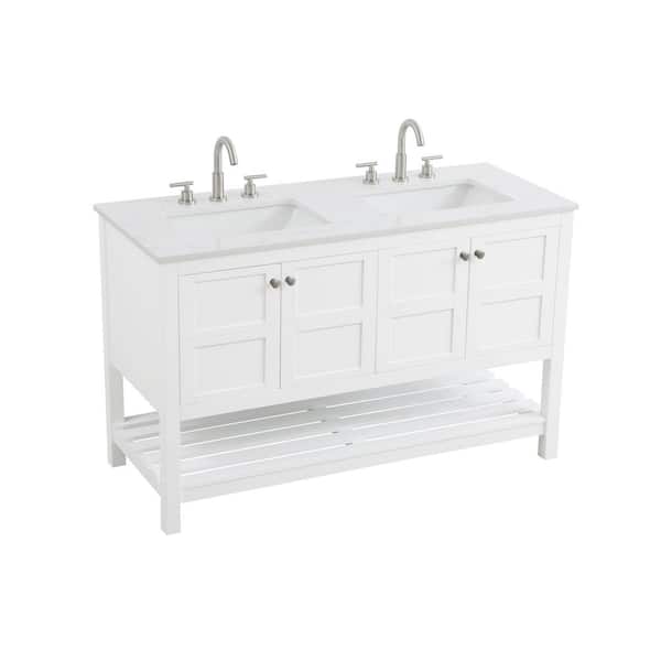 54 in. Double Sink White Bath Vanity with White Engineered Marble Top