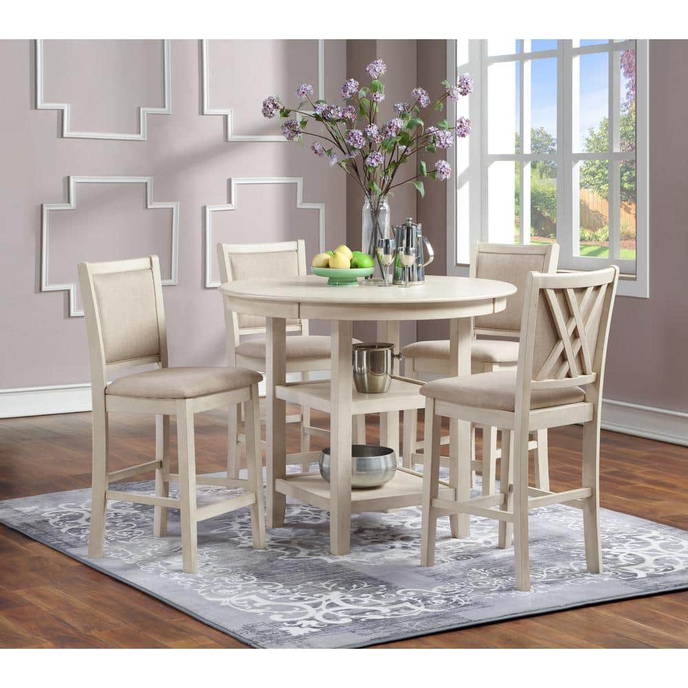 Cream Round Wood Counter Pub Set with 4 Chairs