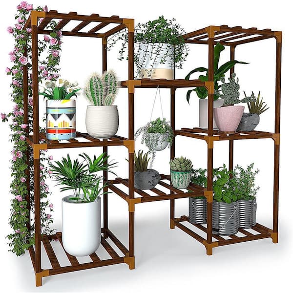 Dyiom Indoor/Outdoor Brown Eucalyptus Wood Plant Stands for Multiple Plants 3 Tiered Plant Shelf Table