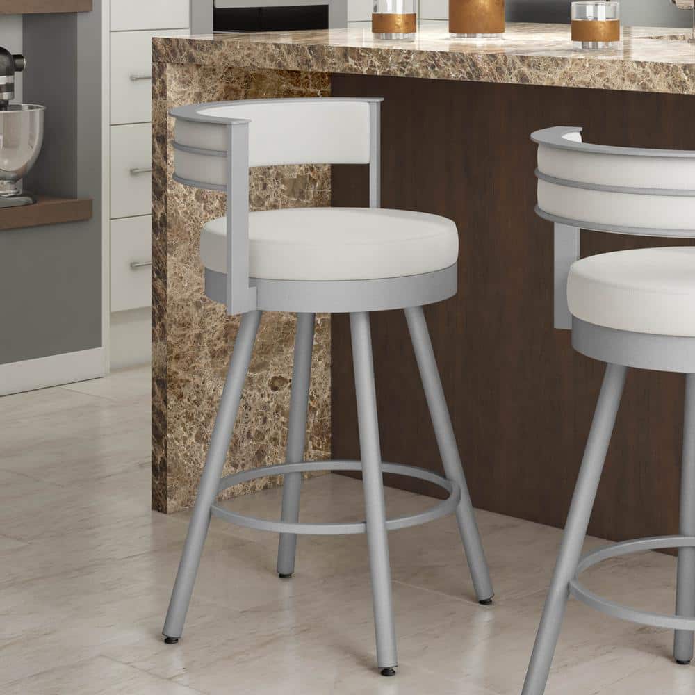 Eller 30" Off-White Faux Leather Swivel Bar Stool with Shiny Grey Metal