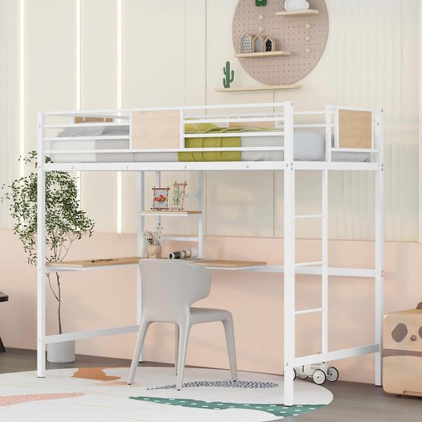 Harper & Bright Designs White Twin Metal Loft Bed with Desk and Shelve