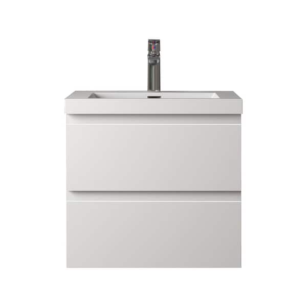 Angela 24 in. Single HG. White Bath Vanity Wall-mounted Floating Vanities with Gloss White Resin Stone Top 2 Drawers