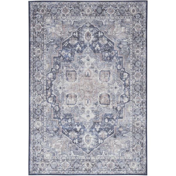 6 ft. x 9 ft. Blue Floral Washable Area Rug Runner Rug