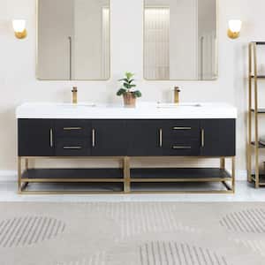 Bianco 84 in. W x 22 in. D x 34 in. H Double Sink Bath Vanity in Black Oak with White Composite Stone Top