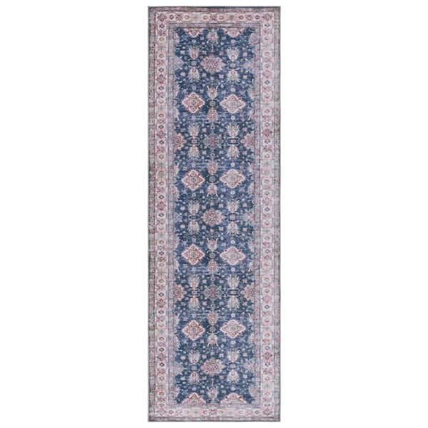 SAFAVIEH Tucson Navy/Beige 3 ft. x 8 ft. Machine Washable Border Floral Distressed Runner Rug