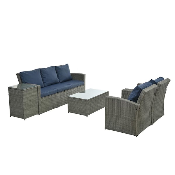 Tenleaf 5-Piece Dark Gray Wicker Patio Conversation Set with Light Blue Cushions, Tempered Glass Table Top