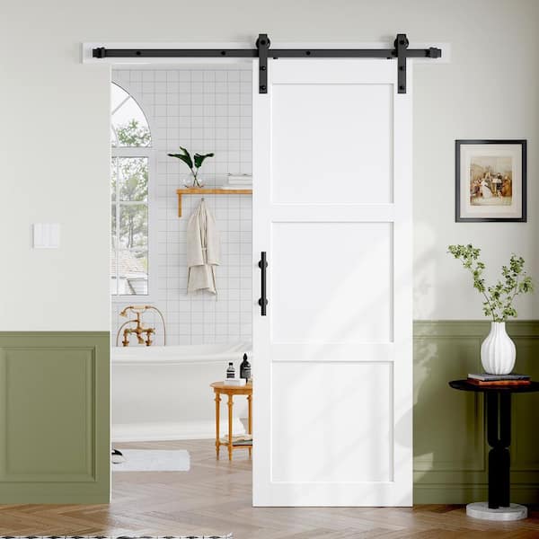 32 in. x 84 in. 3-Lite Manufactured White Finished Solid Wood Core Sliding Barn Door with Hardware Kit