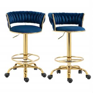 35.43 in Navy Blue Velvet Swivel Adjustable Metal Counter Bar Stools Chairs with Wheels Set of 2