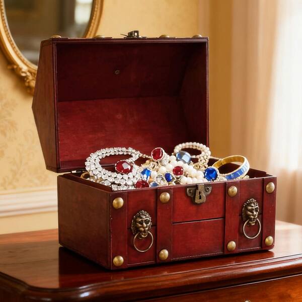 Vintage Red Wooden Jewelry Chest with Lock-Handmade Antique