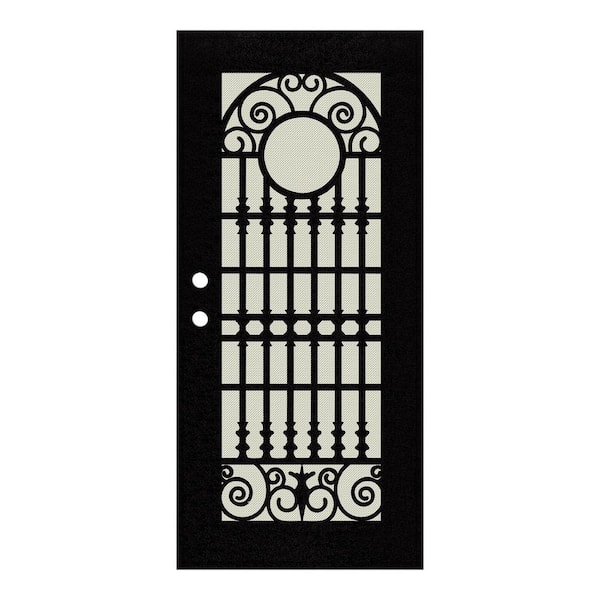 Unique Home Designs 32 in. x 80 in. Spaniard Black Left-Hand Surface Mount Aluminum Security Door with Beige Hammer Perforated Metal Screen