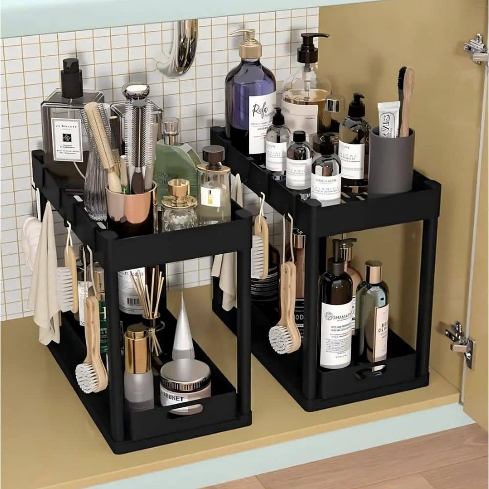 Stink Rack New Black 15 in. W Steel Spice Rack, Extendable Sink Shelf, 2-Tier ...