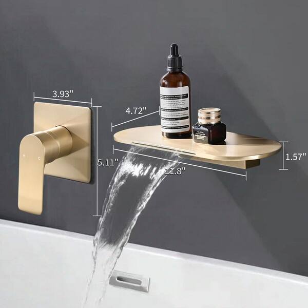Single Handle Wall Mounted Faucet with Built-in Shelf and Waterfall Spout in Brushed Gold