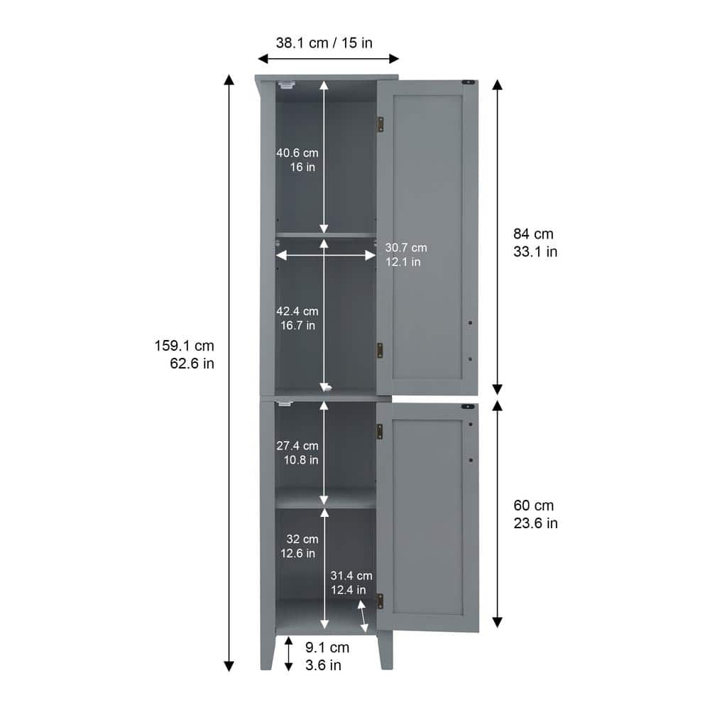 Gray Engineered Wood Linen Tower Cabinet with Adjustable Shelving