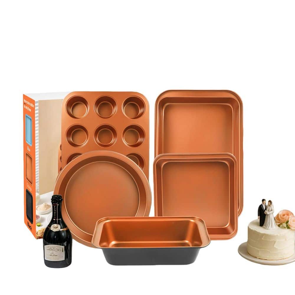 6-Piece Black and Orange Carbon Steel Baking Pans Set, Non Stick Bakeware Set Stackable with Cookie Sheet, Easy Clean - Thumbnail 2