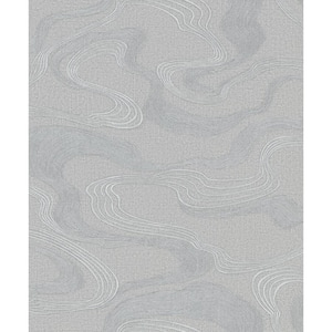 Kumano Collection Silver Abstract Flow Design Pearlescent Finish Non-Pasted Vinyl on Non-Woven Wallpaper Roll