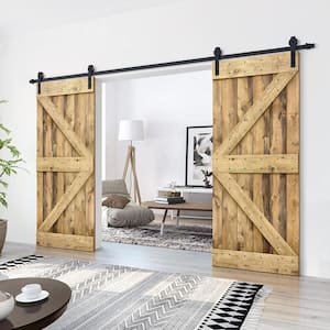 60 in. x 84 in. K Series Weather Oak Stained Solid Knotty Pine Wood Interior Double Sliding Barn Door with Hardware Kit
