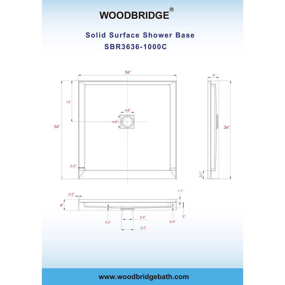 36" White Rectangular Shower Pan Base with Brushed Nickel Drain