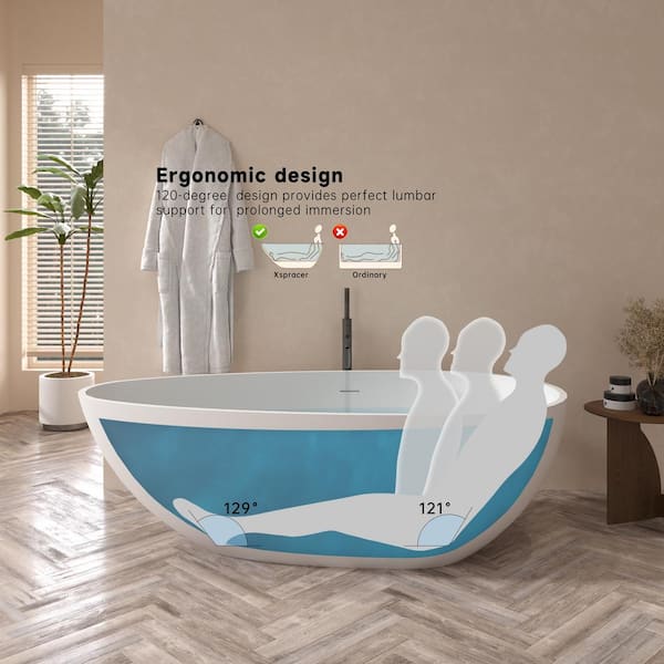 Foyil 67 in. x 34 in. Solid Surface Stone Resin Flatbottom Freestanding Bathtub Soaking Bathtub in Matte White