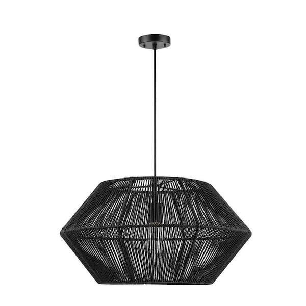 Globe Electric Terra 1-Light Matte Black Chandelier with Natural Twine Shade and Designer Black Cloth Hanging Cord