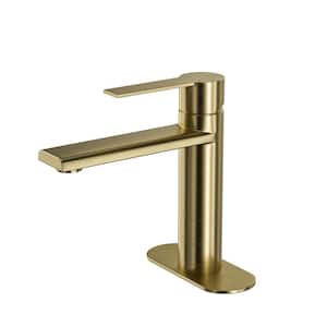 Modern Handle Single Hole Bathroom Faucet with Deck Plate Included and Spot Resistant in Brushed Gold