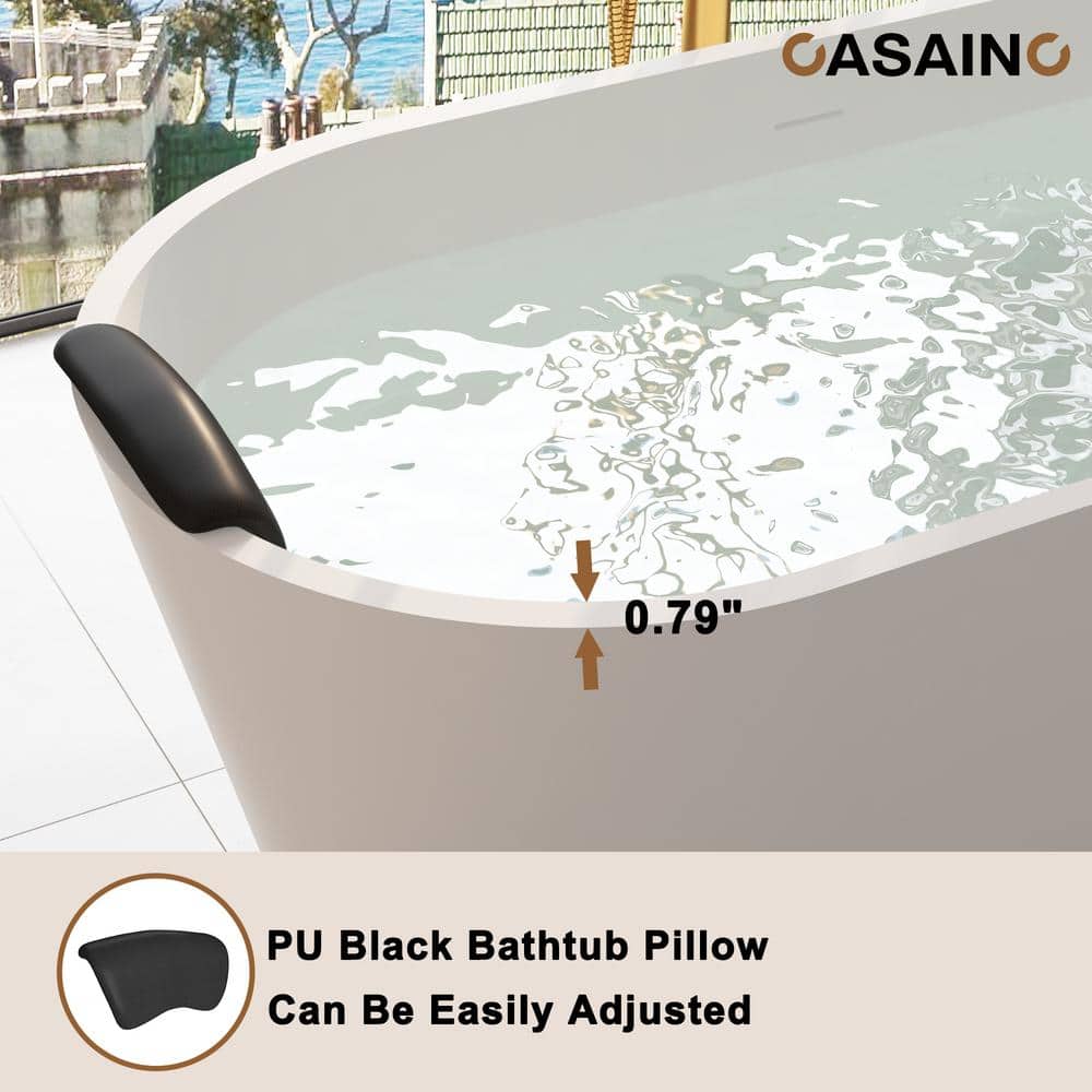67" White Solid Surface Freestanding Soaking Tub with Black Pillow