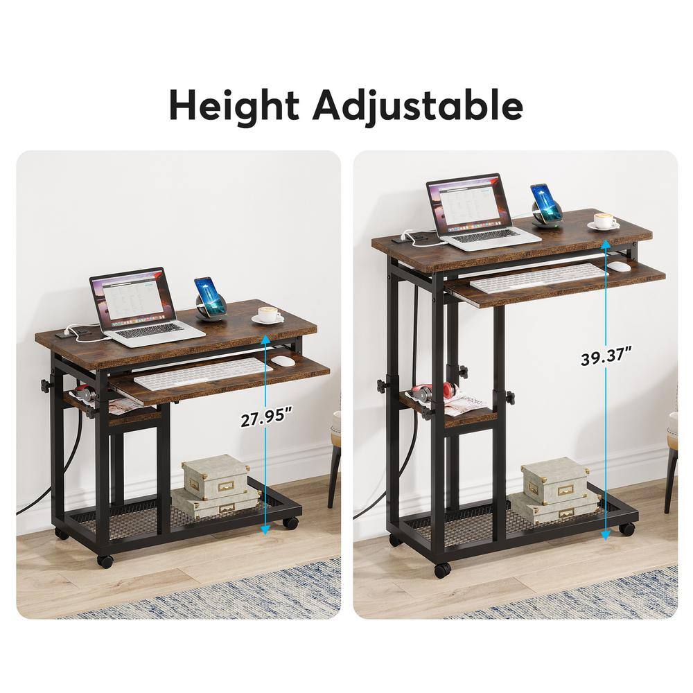 Kerlin 31.5 in. Rustic Brown Adjustable C-Shaped End Table with Power Outlets and Wheels