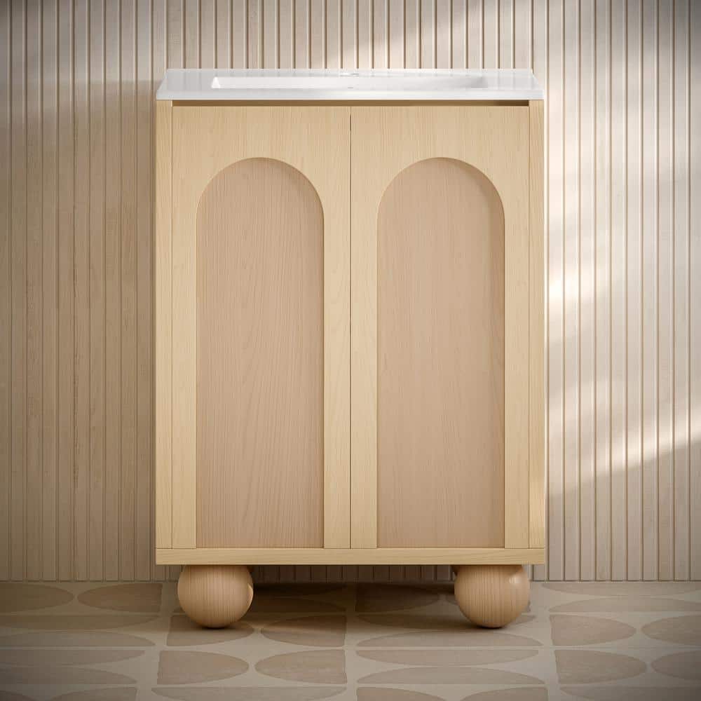 Plaisir II 24" Natural Oak Freestanding Bathroom Vanity with White Ceramic Sink Top