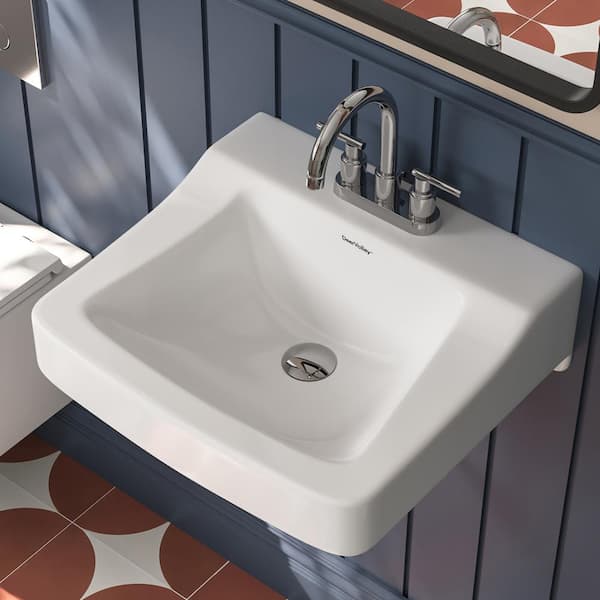 DEERVALLEY 19.09 in. L x 8.46 in. D Wall Mount Bathroom Vessel Sink in White Ceramic Rectangular, 3-Faucet Holes and Front Overflow