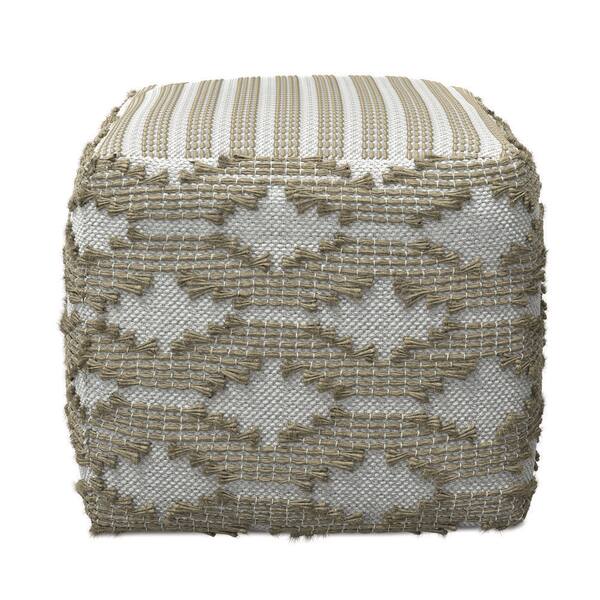 Hand Woven Cotton/Jute Natural and White Square Pouf Ottoman